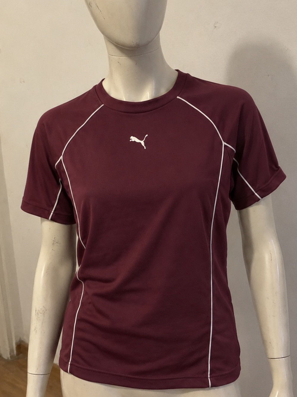 Puma Women's Burgundy Short Sleeve Athletic Tee with White Piping